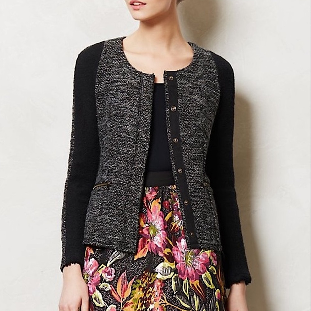 ANTHROPOLOGIE Cartonnier black glimmer tweed wool sweater jacket XS like new - Picture 7 of 7